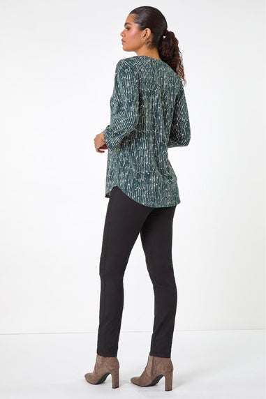 Roman Khaki Textured Abstract Print V-Neck Stretch Shirt