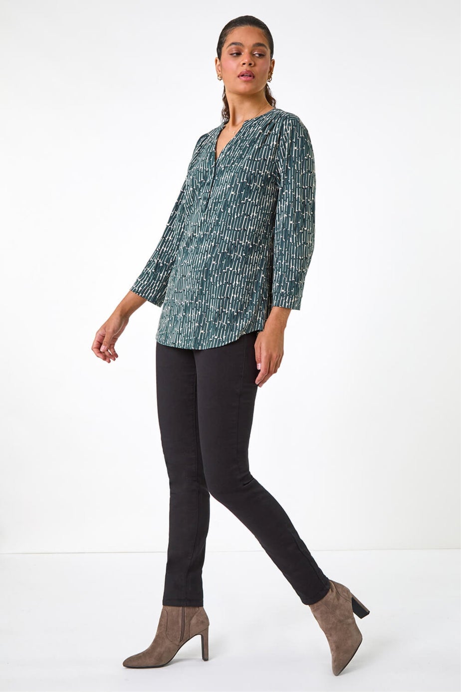 Roman Khaki Textured Abstract Print V-Neck Stretch Shirt