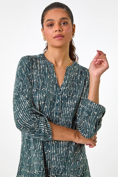 Roman Khaki Textured Abstract Print V-Neck Stretch Shirt