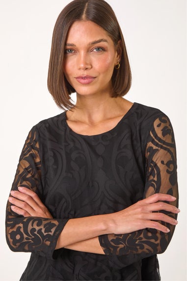 Roman Black Burnout Print Asymmetric Stretch Top