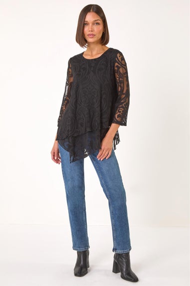 Roman Black Burnout Print Asymmetric Stretch Top