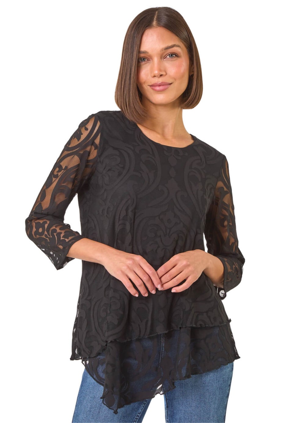 Roman Black Burnout Print Asymmetric Stretch Top
