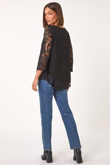 Roman Black Burnout Print Asymmetric Stretch Top