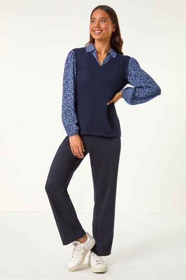 Roman Navy Petite 2 in 1 Contrast V-Neck Top