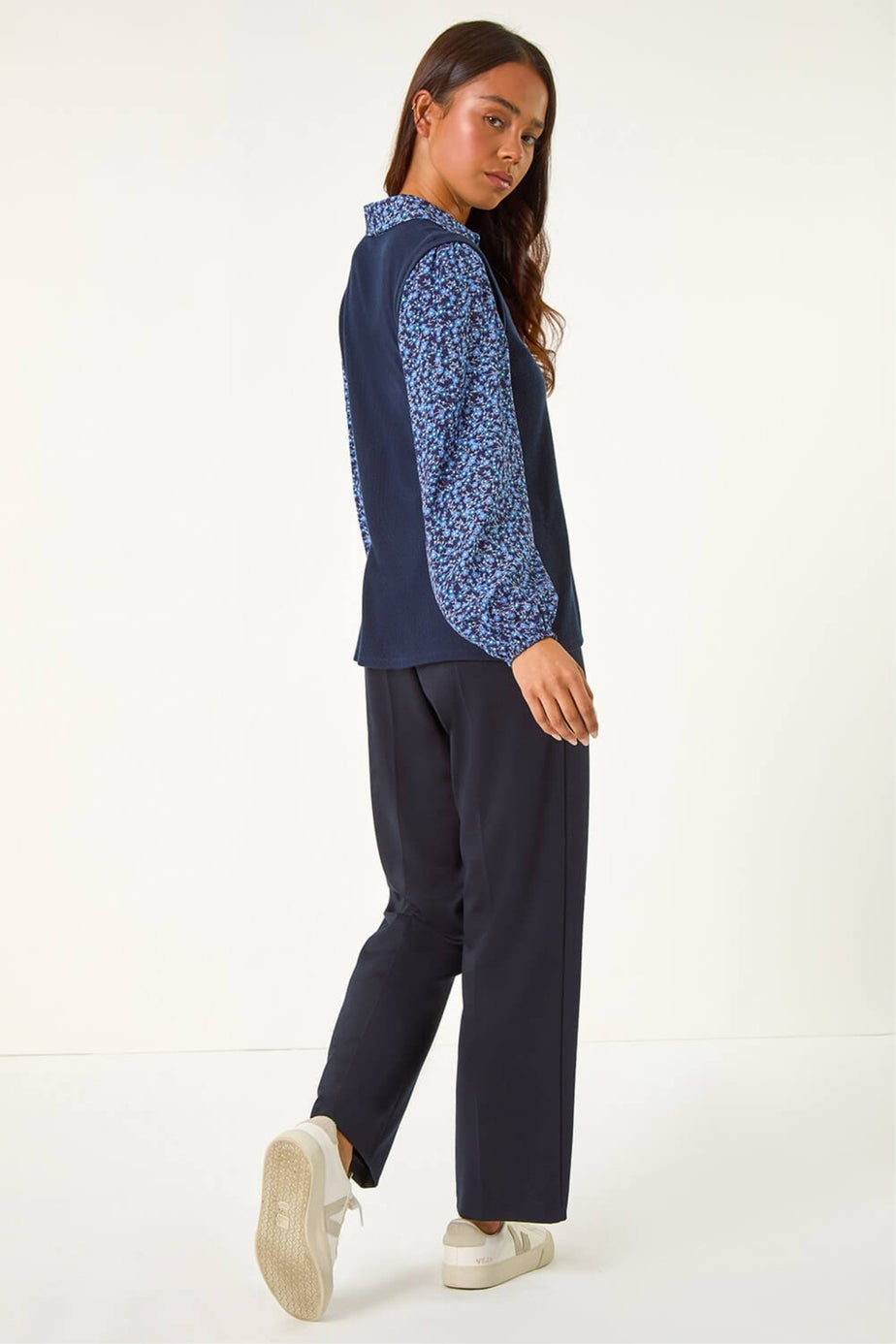 Roman Navy Petite 2 in 1 Contrast V-Neck Top