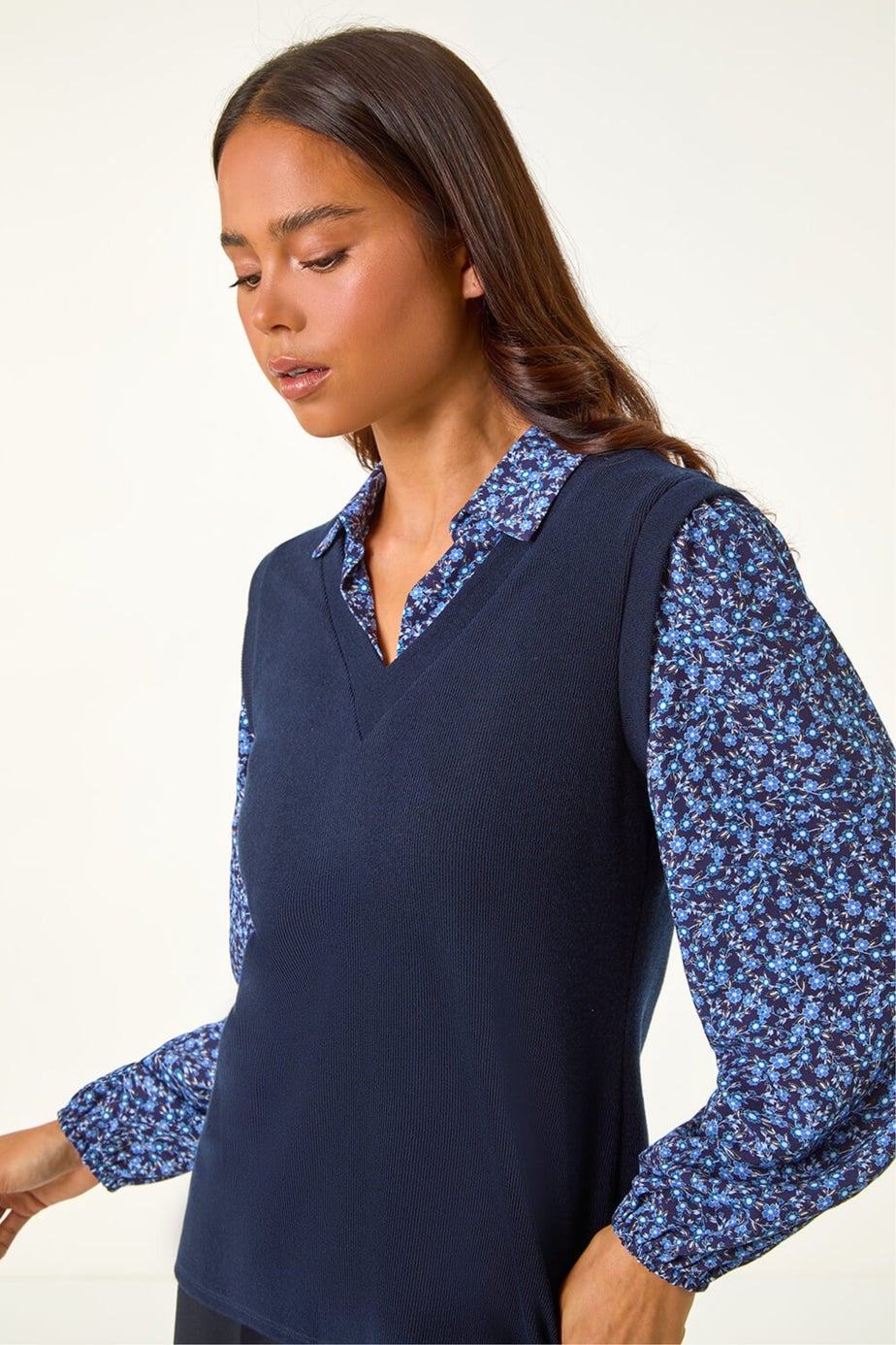 Roman Navy Petite 2 in 1 Contrast V-Neck Top