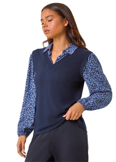 Roman Navy Petite 2 in 1 Contrast V-Neck Top