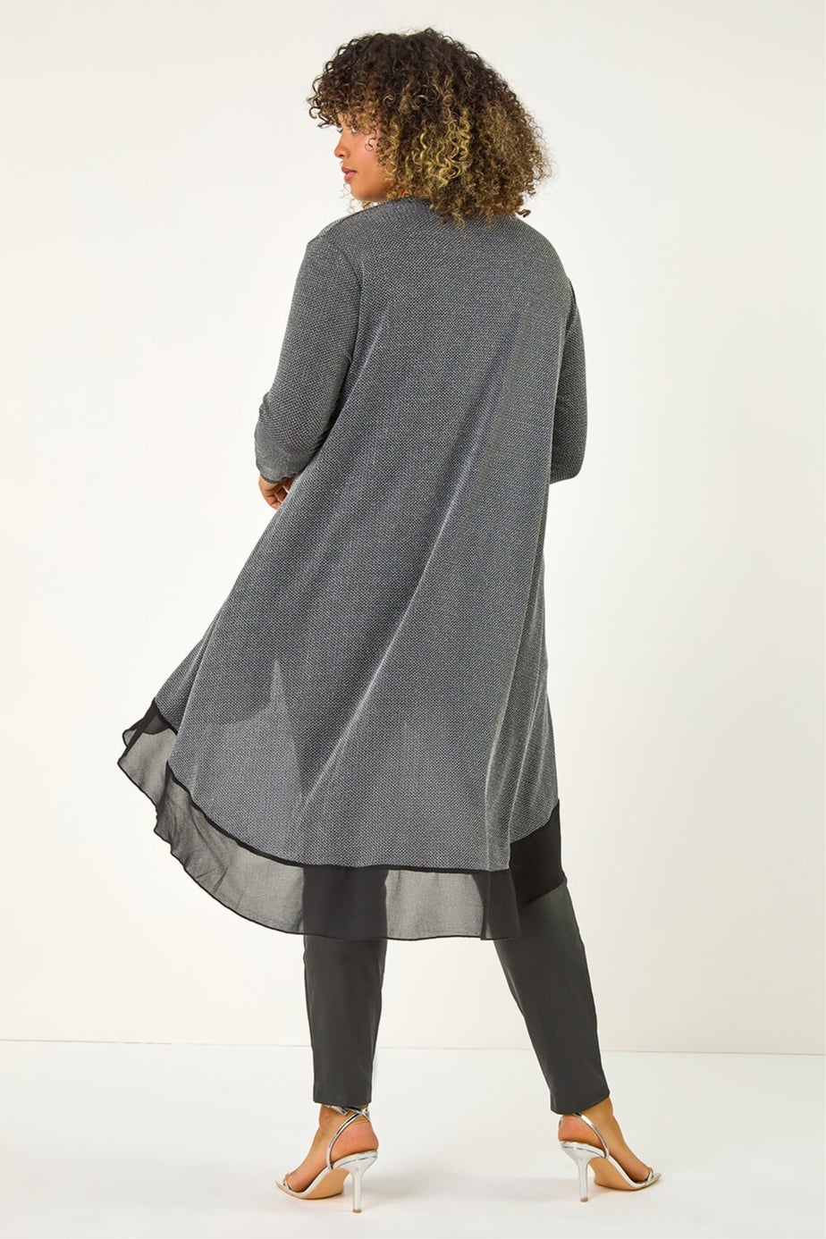 Roman Silver Curve Glitter Chiffon Hem Tunic Top