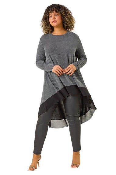Roman Silver Curve Glitter Chiffon Hem Tunic Top