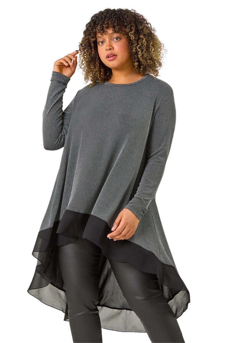 Roman Silver Curve Glitter Chiffon Hem Tunic Top