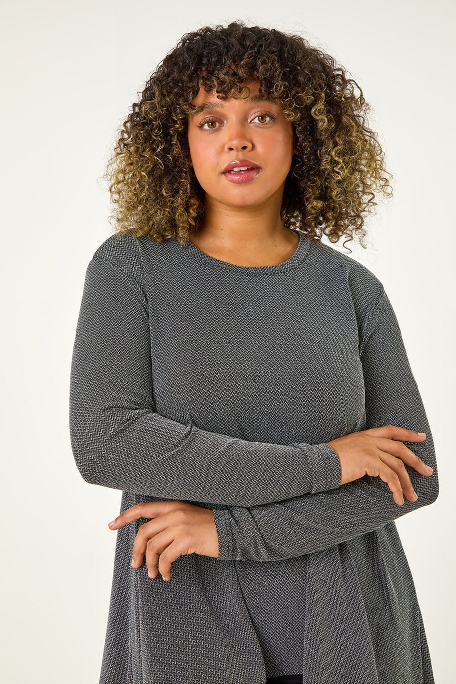 Roman Silver Curve Glitter Chiffon Hem Tunic Top