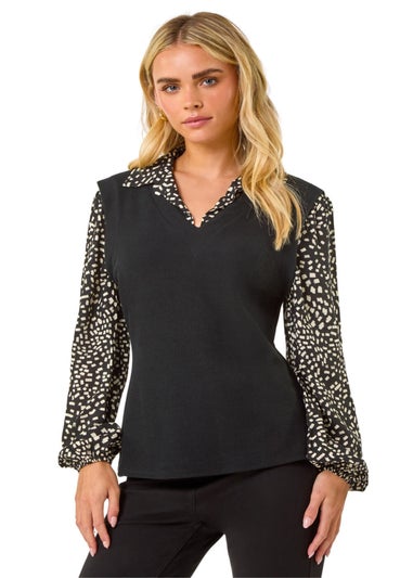 Roman Black Petite 2 in 1 Contrast V-Neck Top