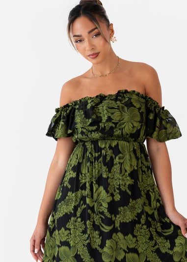 Maya Deluxe Green Floral Jacquard Bardot Midaxi Dress