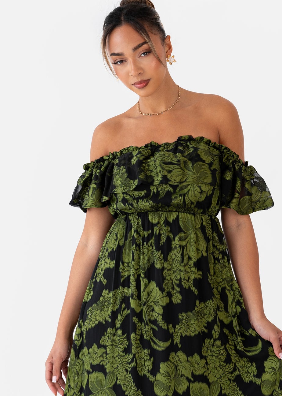 Maya Deluxe Green Floral Jacquard Bardot Midaxi Dress