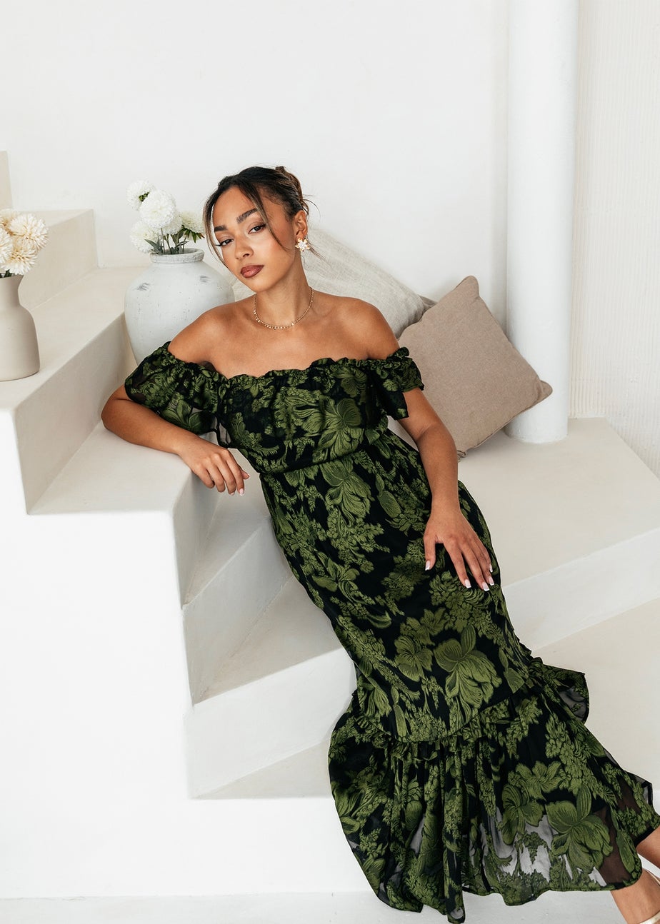 Maya Deluxe Green Floral Jacquard Bardot Midaxi Dress