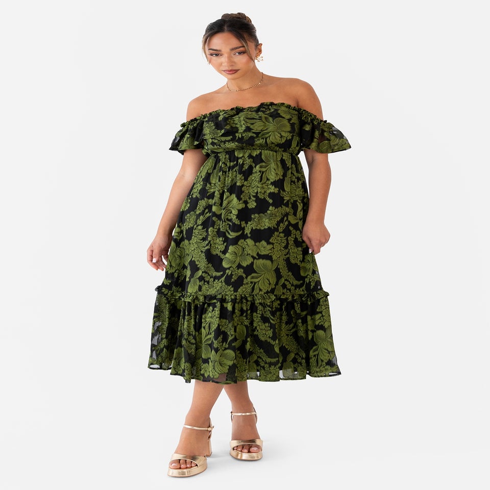 Maya Deluxe Green Floral Jacquard Bardot Midaxi Dress