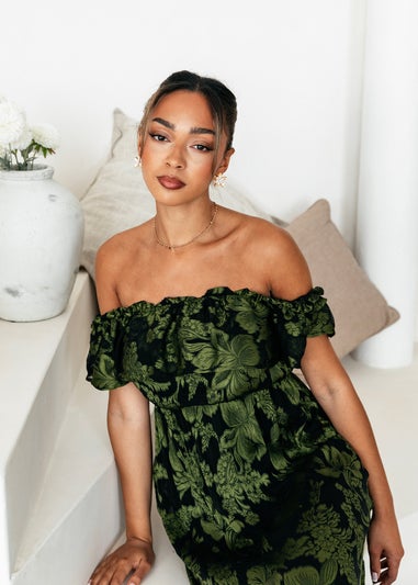 Maya Deluxe Green Floral Jacquard Bardot Midaxi Dress