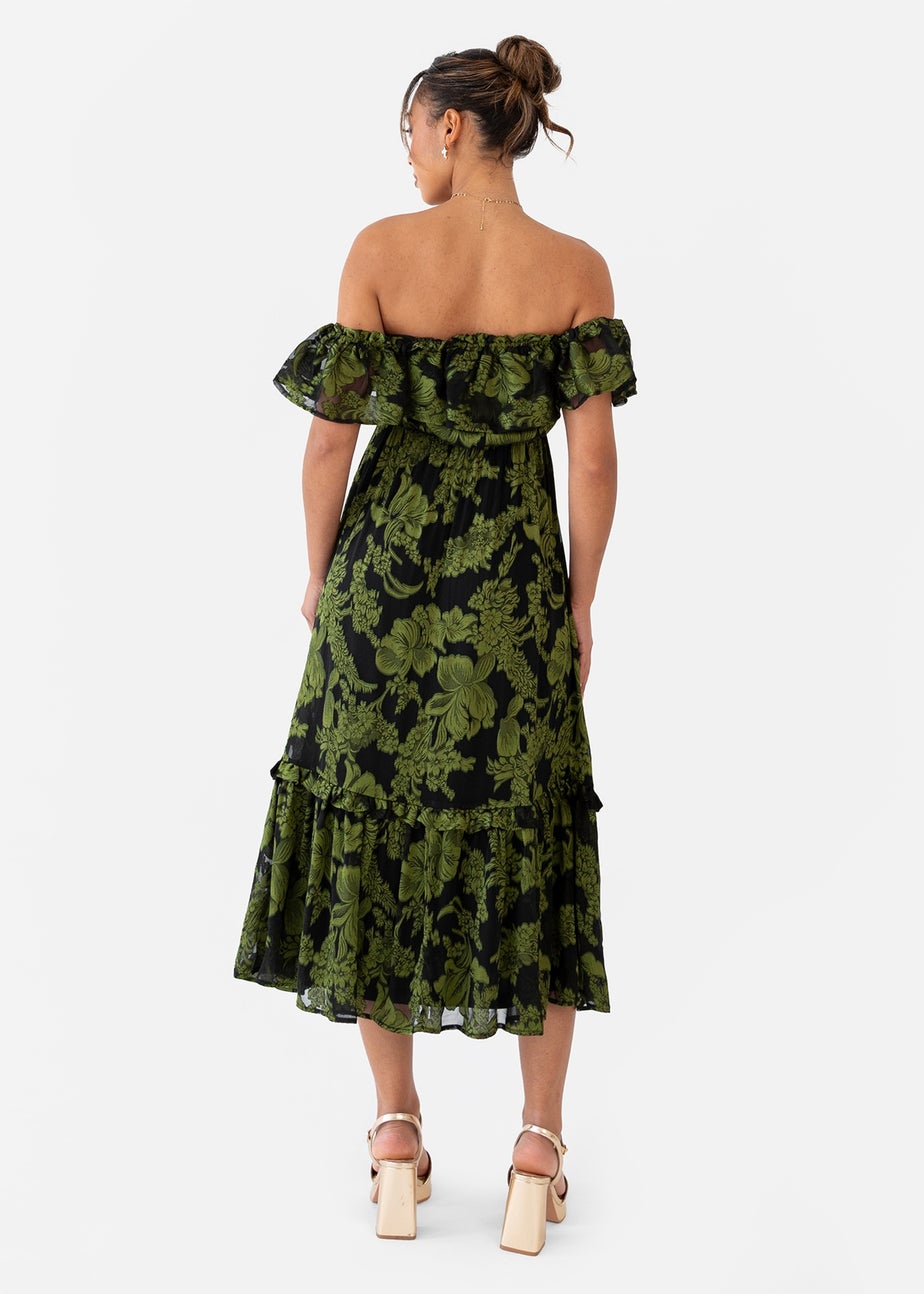 Maya Deluxe Green Floral Jacquard Bardot Midaxi Dress