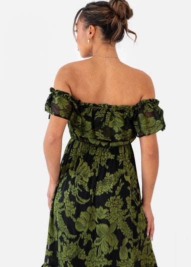 Maya Deluxe Green Floral Jacquard Bardot Midaxi Dress