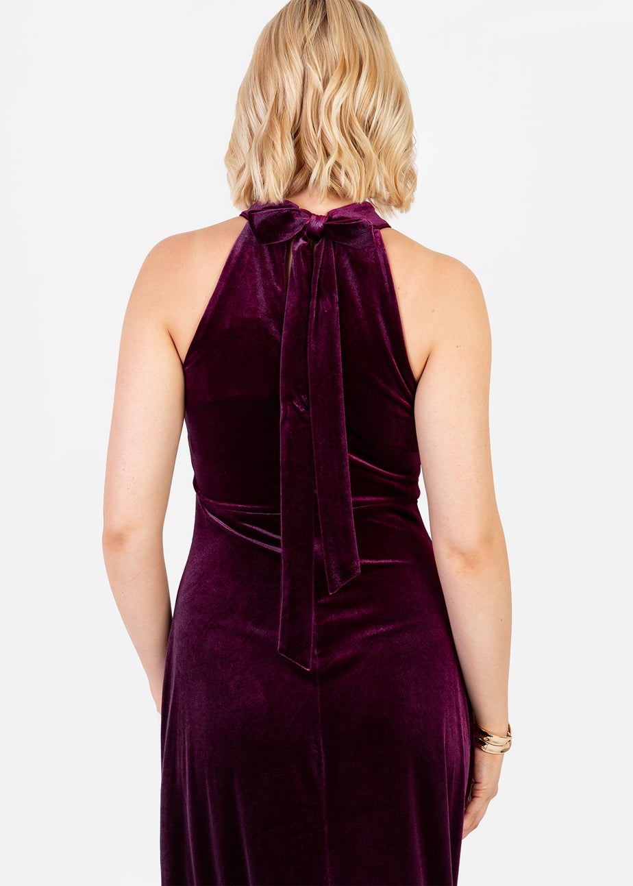 Maya Deluxe Purple Halter Neck Velvet Maxi Dress