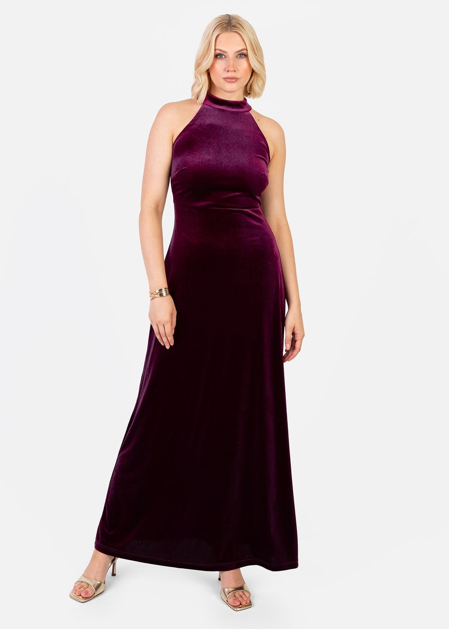 Maya Deluxe Purple Halter Neck Velvet Maxi Dress