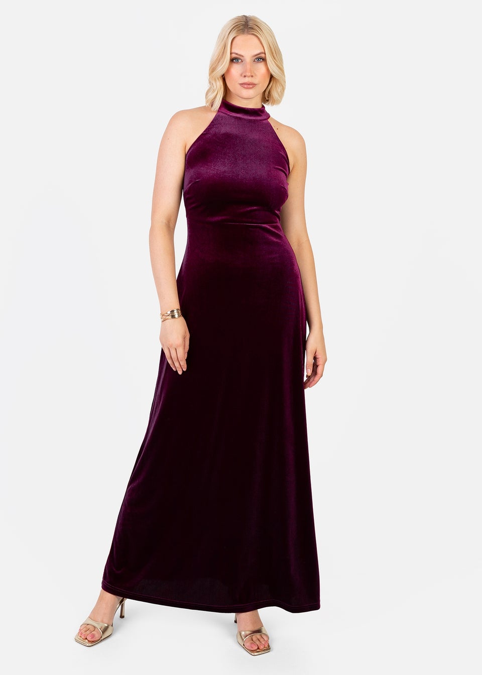 Maya Deluxe Purple Halter Neck Velvet Maxi Dress