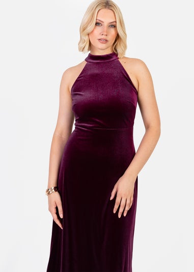 Maya Deluxe Purple Halter Neck Velvet Maxi Dress