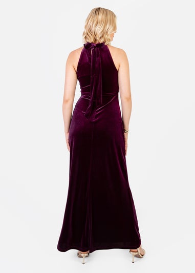 Maya Deluxe Purple Halter Neck Velvet Maxi Dress