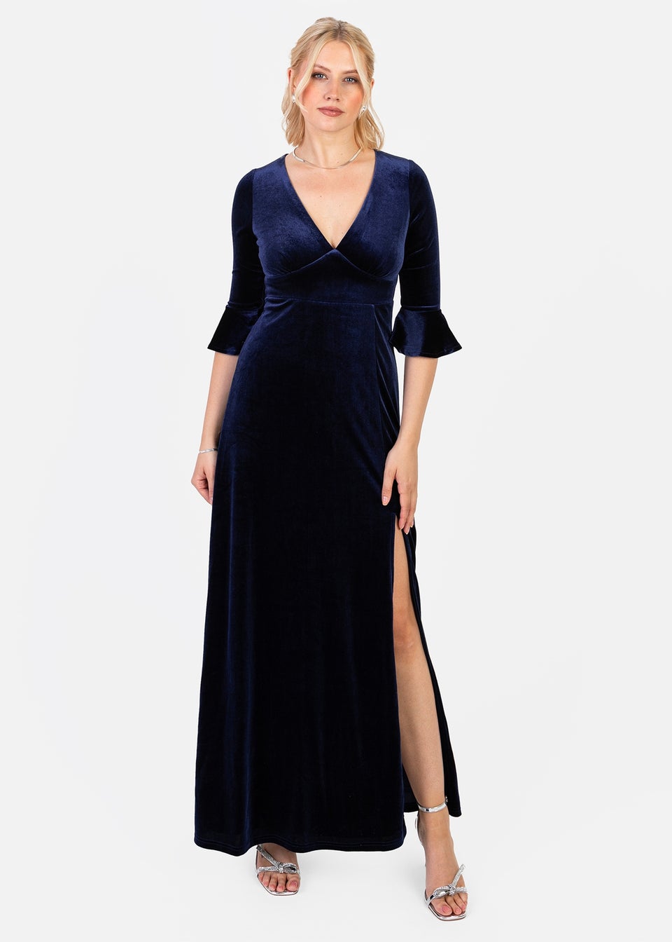 Maya Deluxe Navy V Neck 3/4 Flute Sleeve Velvet Maxi Dress