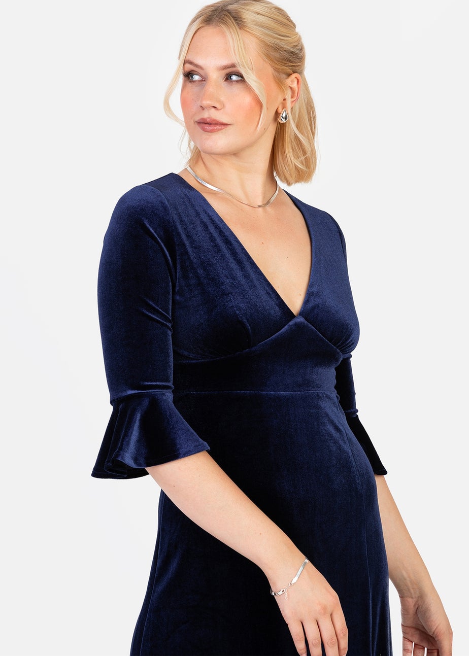 Maya Deluxe Navy V Neck 3/4 Flute Sleeve Velvet Maxi Dress