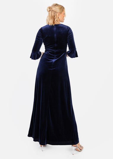Maya Deluxe Navy V Neck 3/4 Flute Sleeve Velvet Maxi Dress