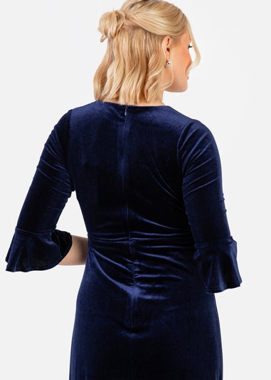 Maya Deluxe Navy V Neck 3/4 Flute Sleeve Velvet Maxi Dress