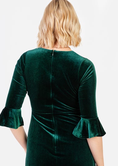 Maya Deluxe Emerald Green V Neck 3/4 Flute Sleeve Velvet Maxi Dress