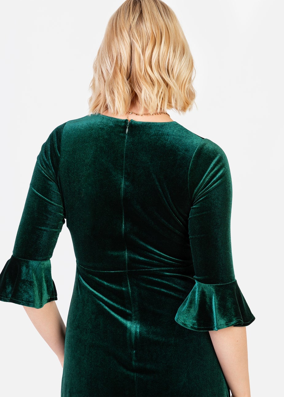 Maya Deluxe Emerald Green V Neck 3/4 Flute Sleeve Velvet Maxi Dress