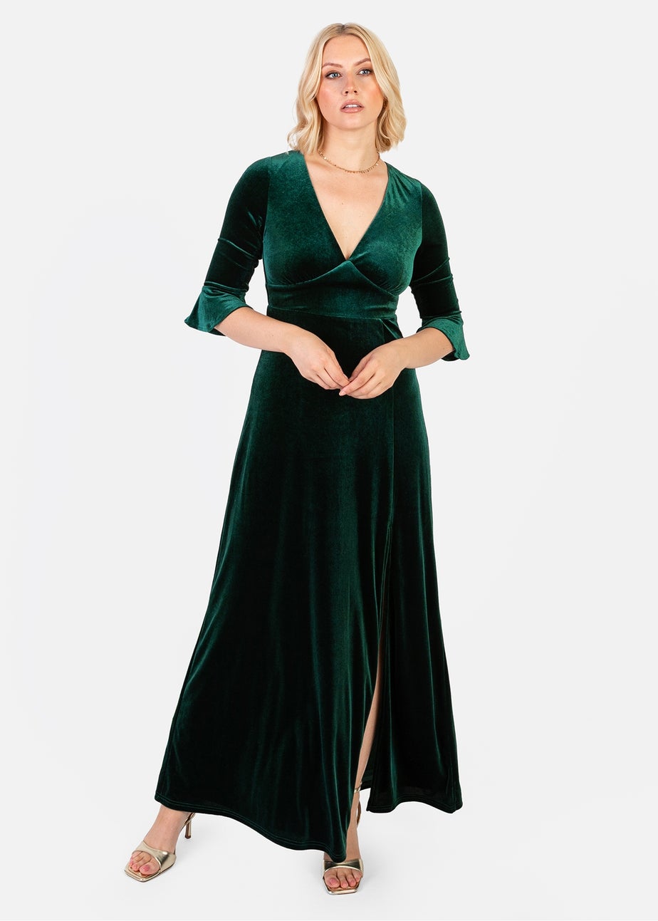 Maya Deluxe Emerald Green V Neck 3/4 Flute Sleeve Velvet Maxi Dress