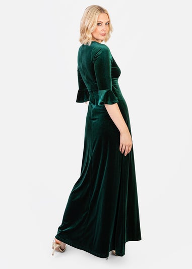 Maya Deluxe Emerald Green V Neck 3/4 Flute Sleeve Velvet Maxi Dress