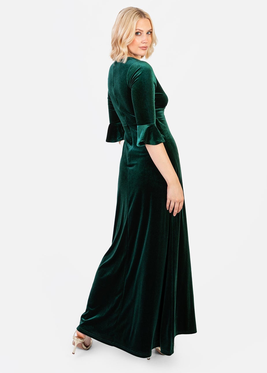 Maya Deluxe Emerald Green V Neck 3/4 Flute Sleeve Velvet Maxi Dress