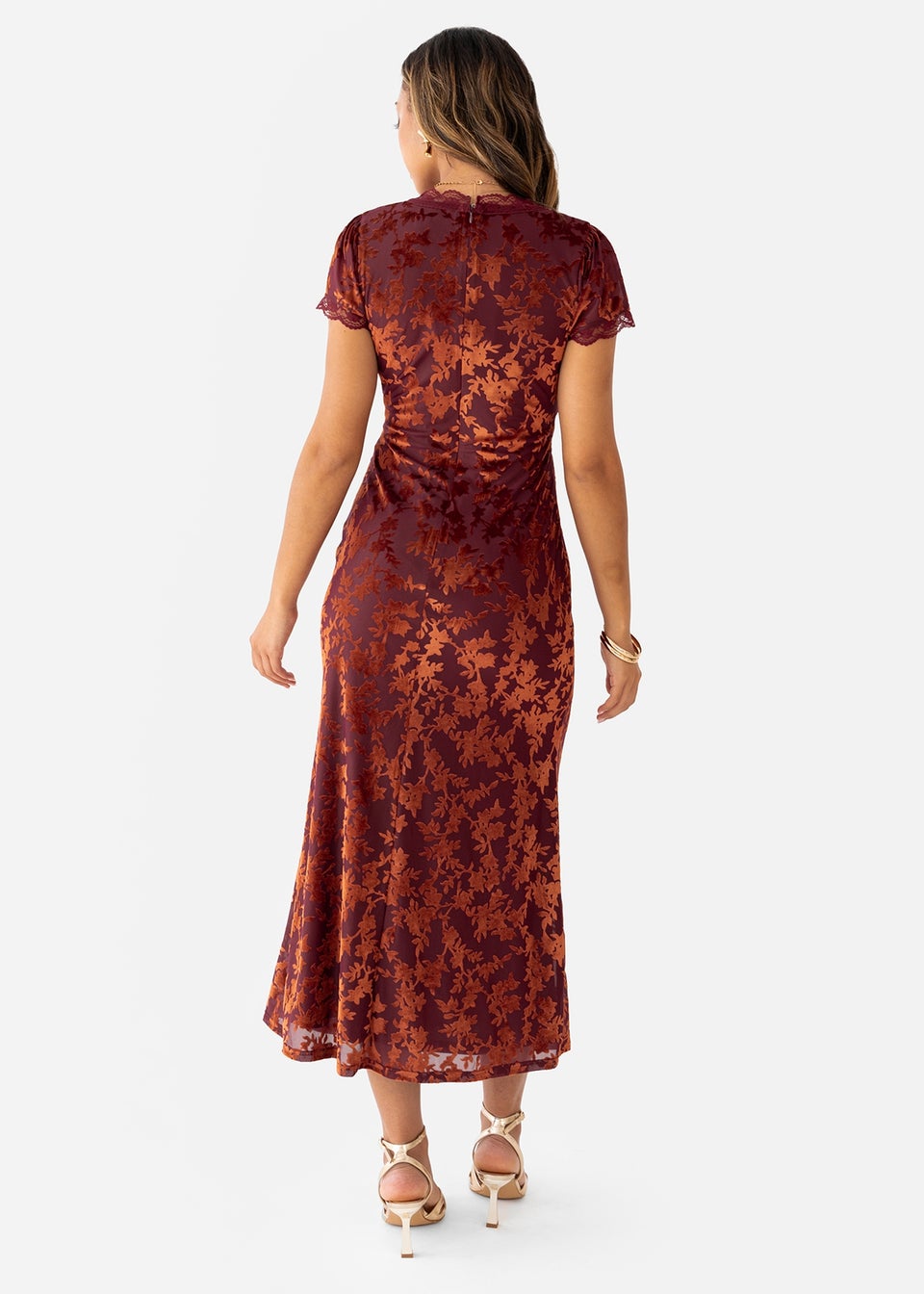 Maya Deluxe Copper Rose Floral Velvet Devore V Neck Midaxi Dress