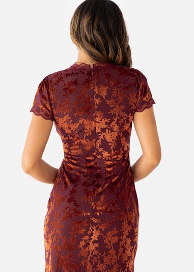 Maya Deluxe Copper Rose Floral Velvet Devore V Neck Midaxi Dress