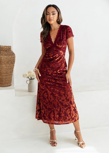 Maya Deluxe Copper Rose Floral Velvet Devore V Neck Midaxi Dress