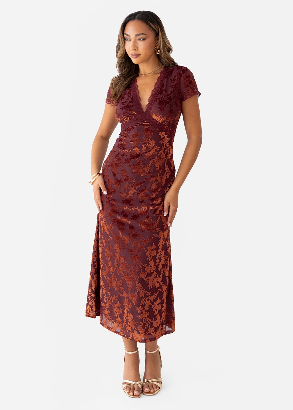 Maya Deluxe Copper Rose Floral Velvet Devore V Neck Midaxi Dress