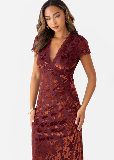 Maya Deluxe Copper Rose Floral Velvet Devore V Neck Midaxi Dress
