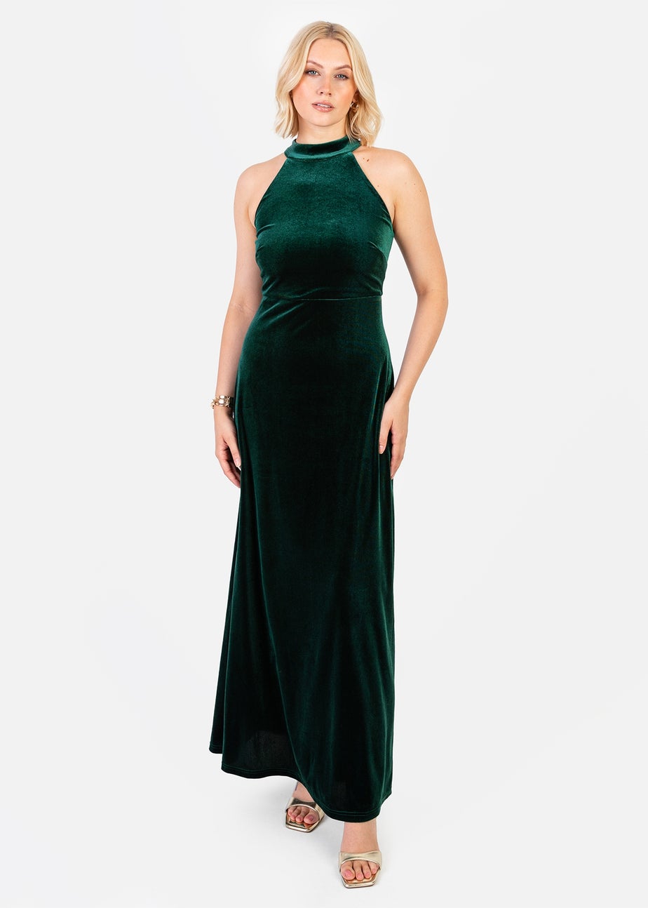 Maya Deluxe Emerald Halter Neck Velvet Maxi Dress