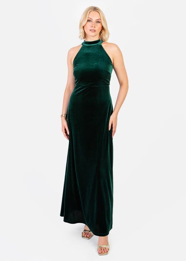 Maya Deluxe Emerald Halter Neck Velvet Maxi Dress