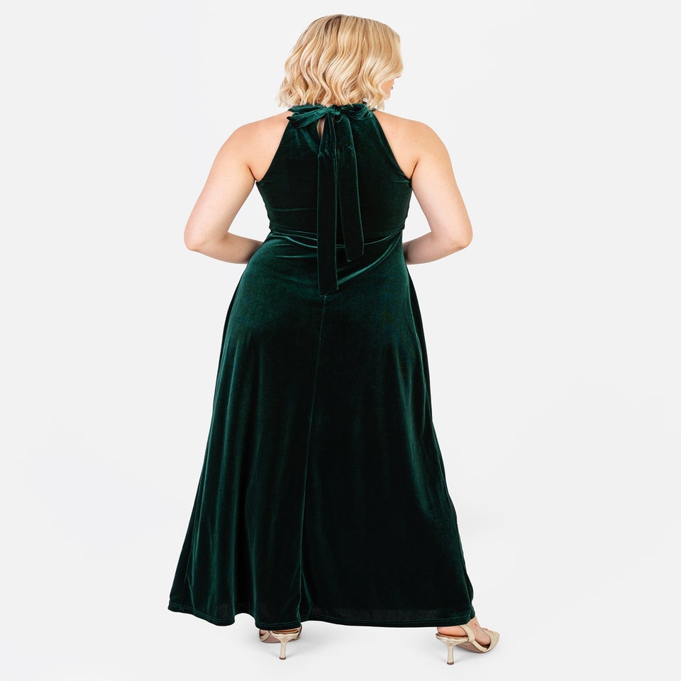 Maya Deluxe Emerald Halter Neck Velvet Maxi Dress