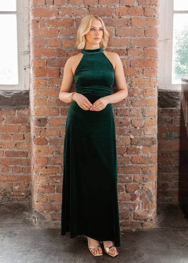 Maya Deluxe Emerald Halter Neck Velvet Maxi Dress