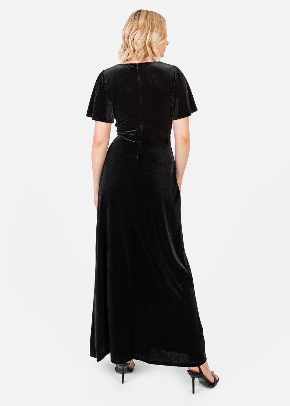 Maya Deluxe Black Faux Wrap Short Sleeve Velvet Maxi Dress