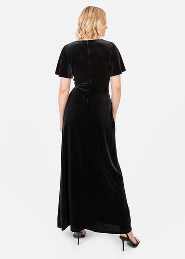 Maya Deluxe Black Faux Wrap Short Sleeve Velvet Maxi Dress