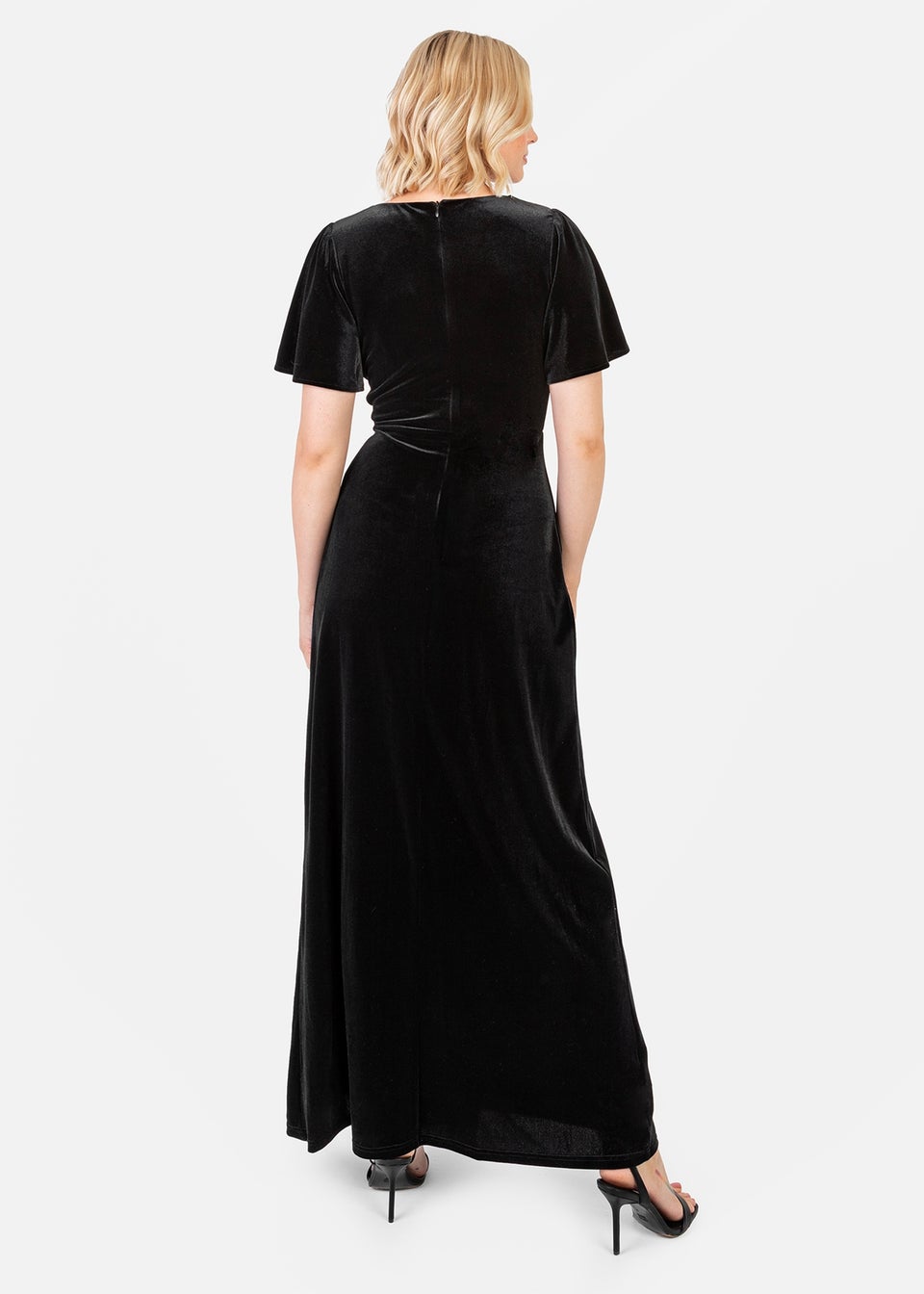 Maya Deluxe Black Faux Wrap Short Sleeve Velvet Maxi Dress