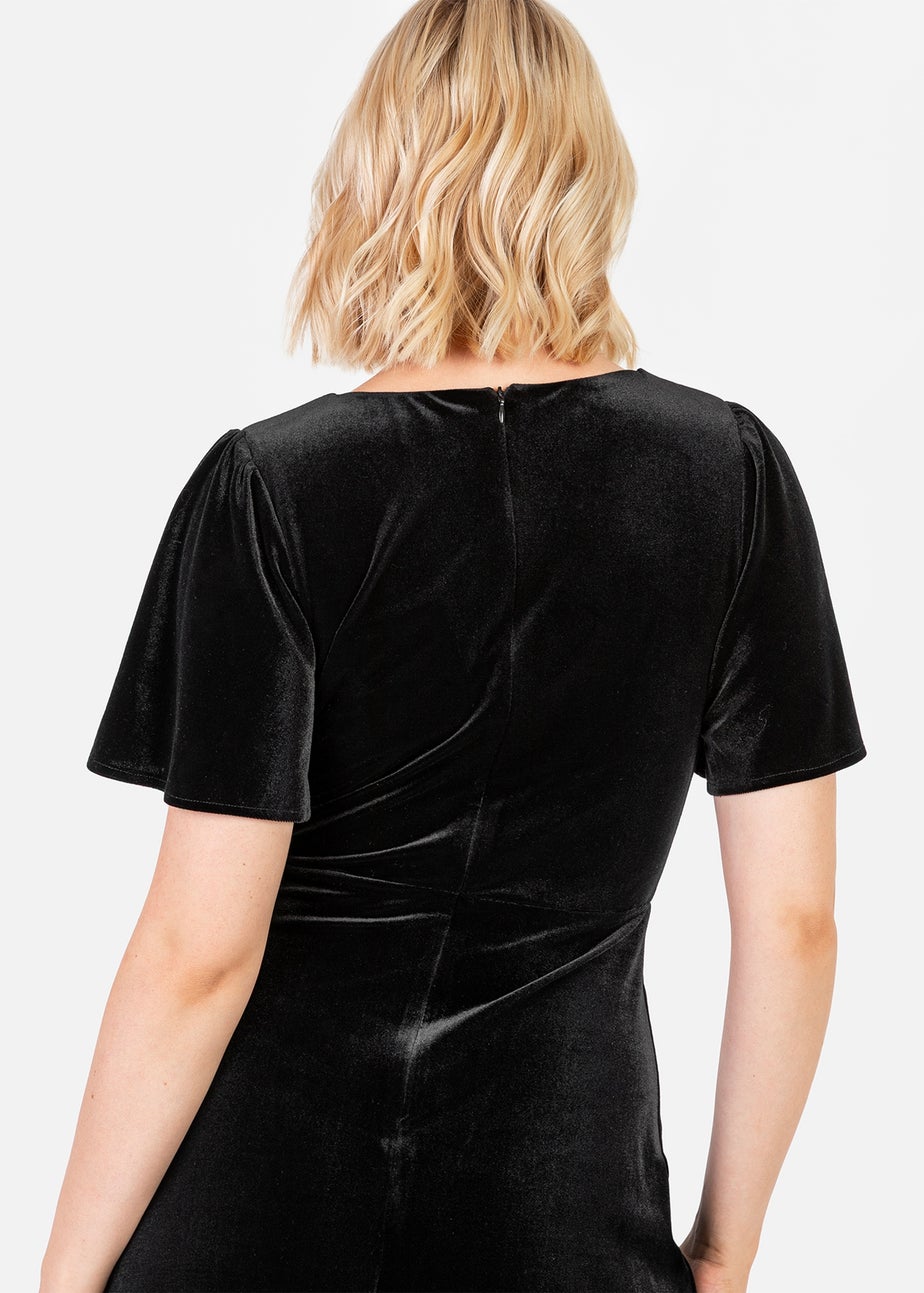 Maya Deluxe Black Faux Wrap Short Sleeve Velvet Maxi Dress